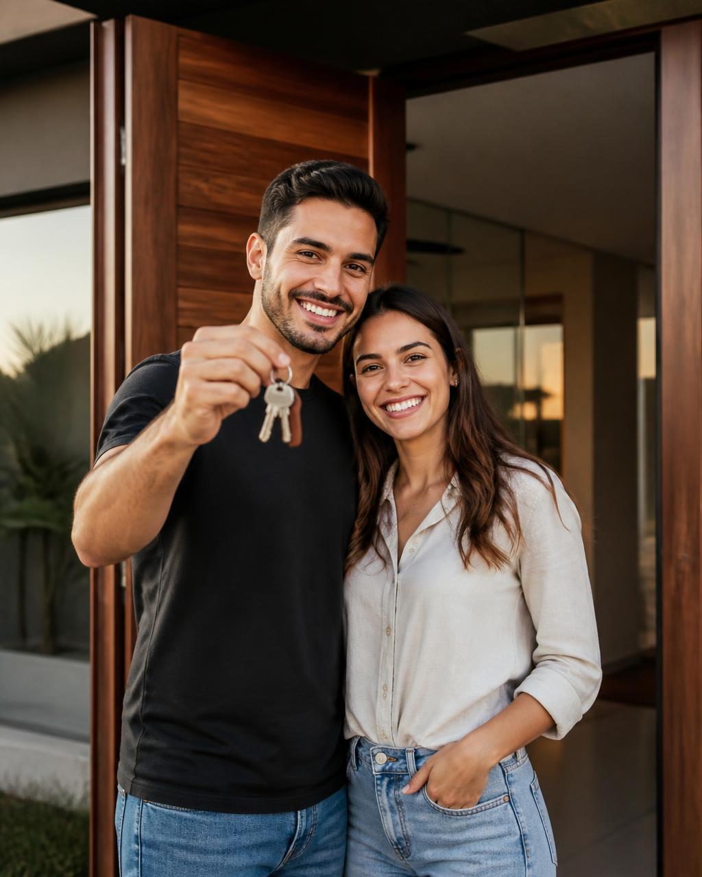 Casal feliz com as chaves da nova casa